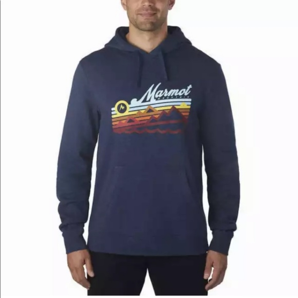 Marmot Hooded Sweatshirt Top Hoodie Mountain Graphic Blue Outdoor Gorpcore